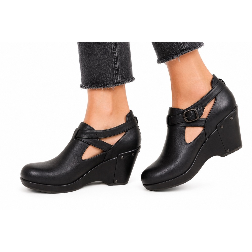Dansko Black Leather Wedge Ankle Booties Cutout Buckle Strap Studded Women 40